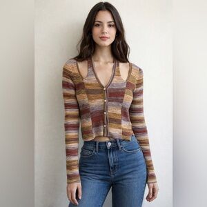 Vintage Earth Tone Striped Ribbed Cutout Cardigan Top – Y2K Boho Fitted Sweater